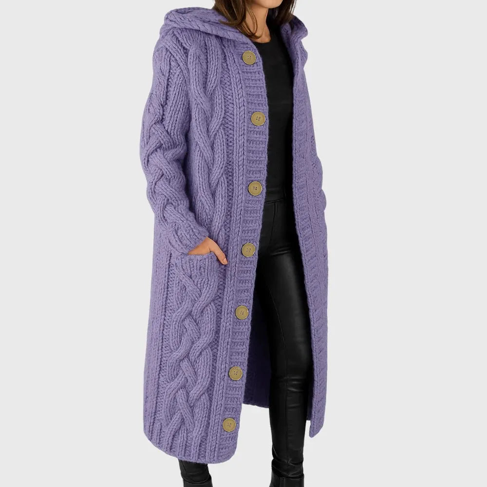 Women's Long Hooded Cable Knit Wool Cardigan