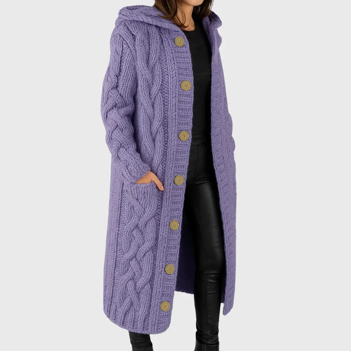 Women's Long Hooded Cable Knit Wool Cardigan