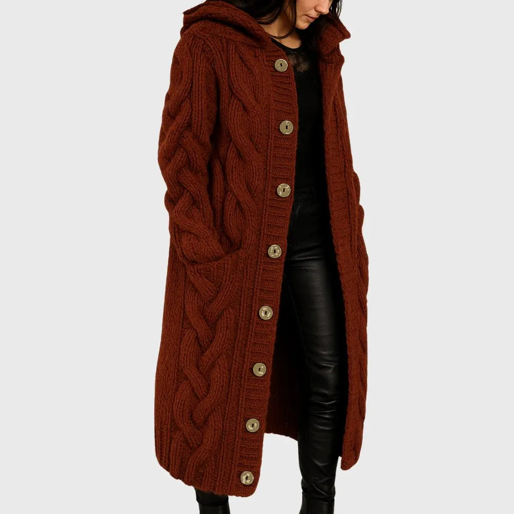 Women's Long Hooded Cable Knit Wool Cardigan