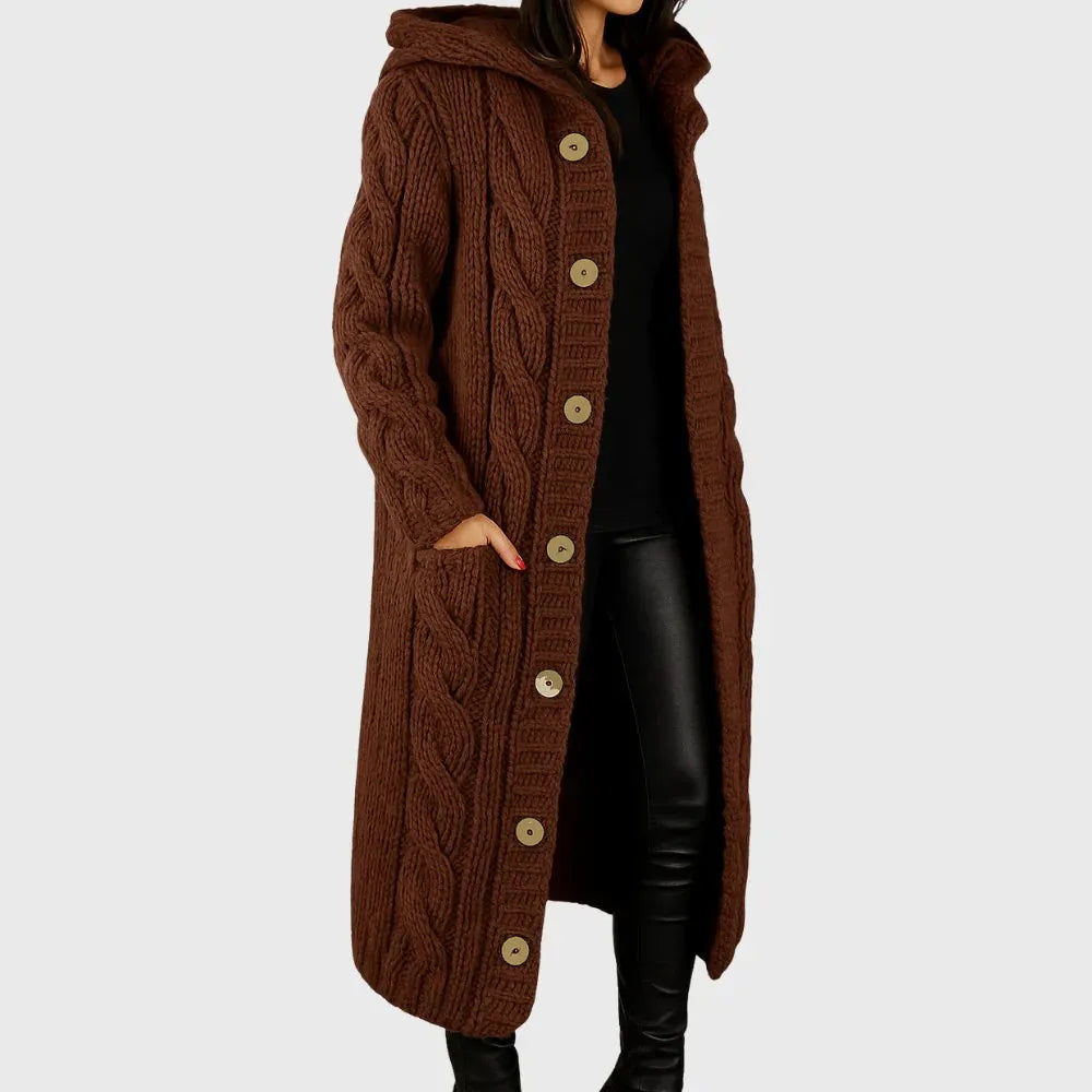 Women's Long Hooded Cable Knit Wool Cardigan