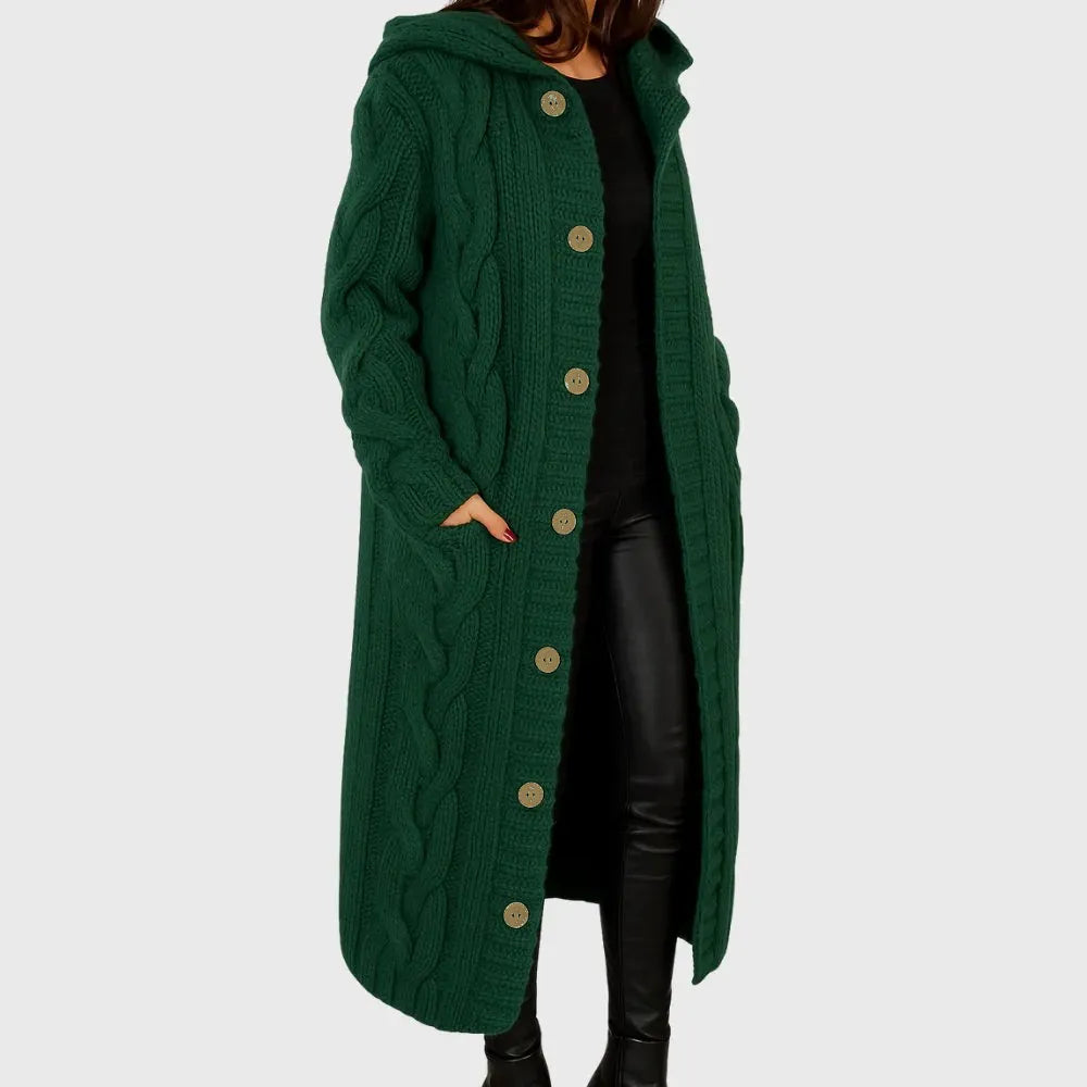 Women's Long Hooded Cable Knit Wool Cardigan