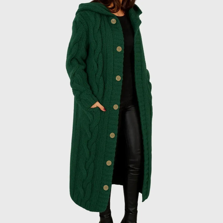 Women's Long Hooded Cable Knit Wool Cardigan