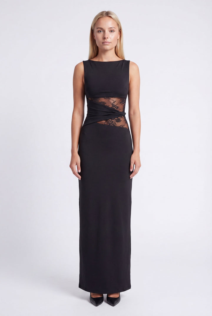 Women's Silk Sleeveless Cut-Out Maxi Evening Gown Dress