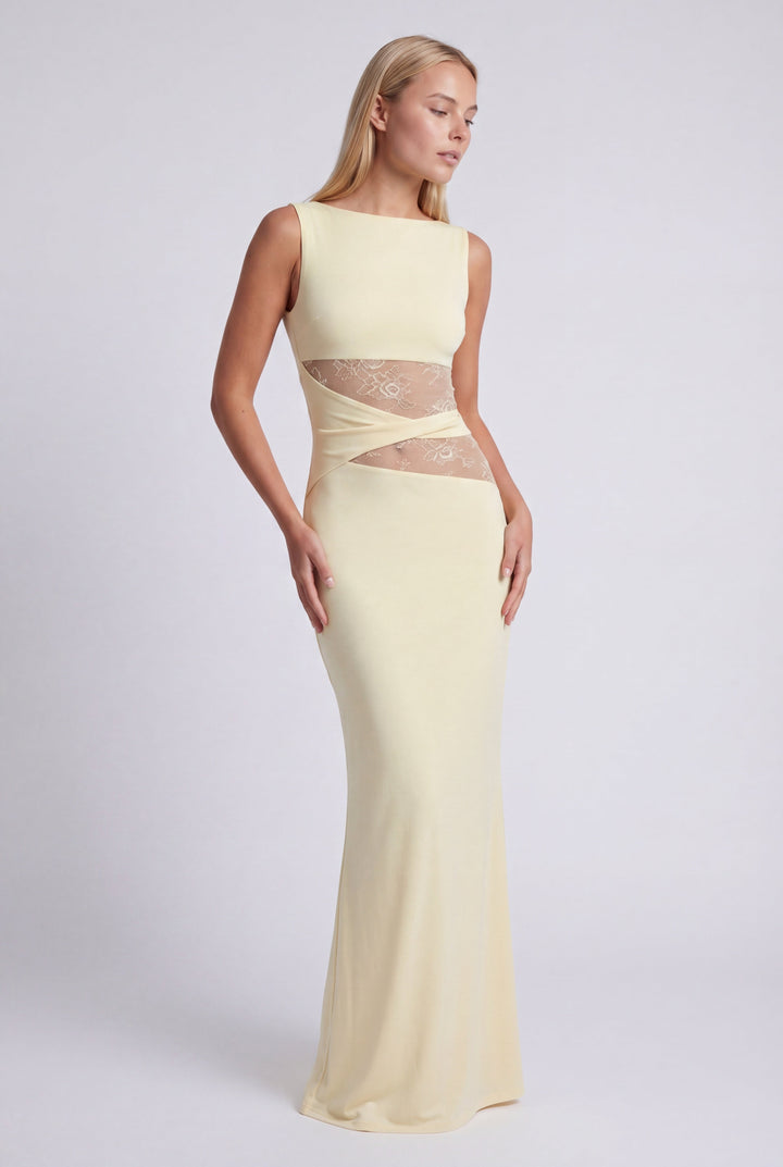 Women's Silk Sleeveless Cut-Out Maxi Evening Gown Dress