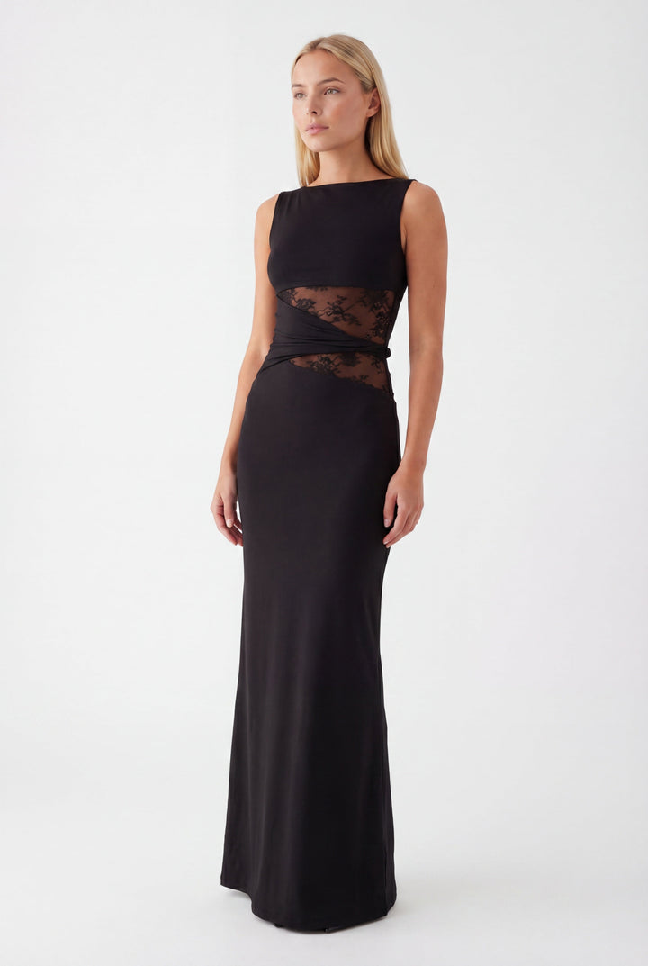 Women's Silk Sleeveless Cut-Out Maxi Evening Gown Dress
