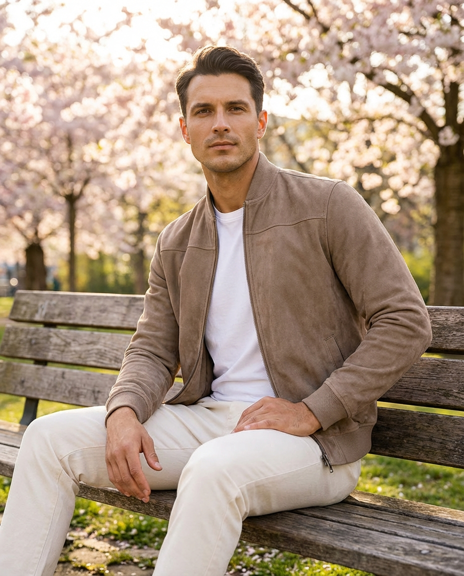 Men’s Suede Stand-Collar Full-Zip Bomber Jacket