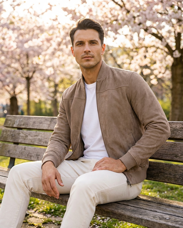 Men’s Suede Stand-Collar Full-Zip Bomber Jacket