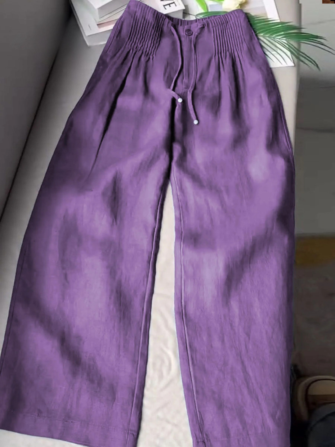 Women Wide Leg Linen Blend Trousers High Waist Smocked Culottes Pants
