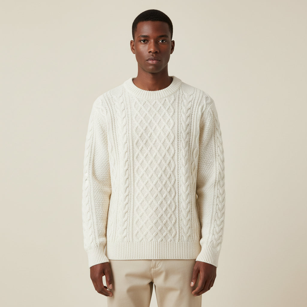 Men's Cable Knit Merino Wool Jumper Crewneck Pullover Sweater