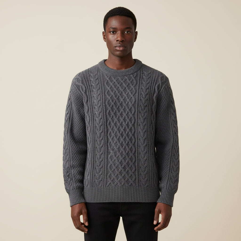 Men's Cable Knit Merino Wool Jumper Crewneck Pullover Sweater