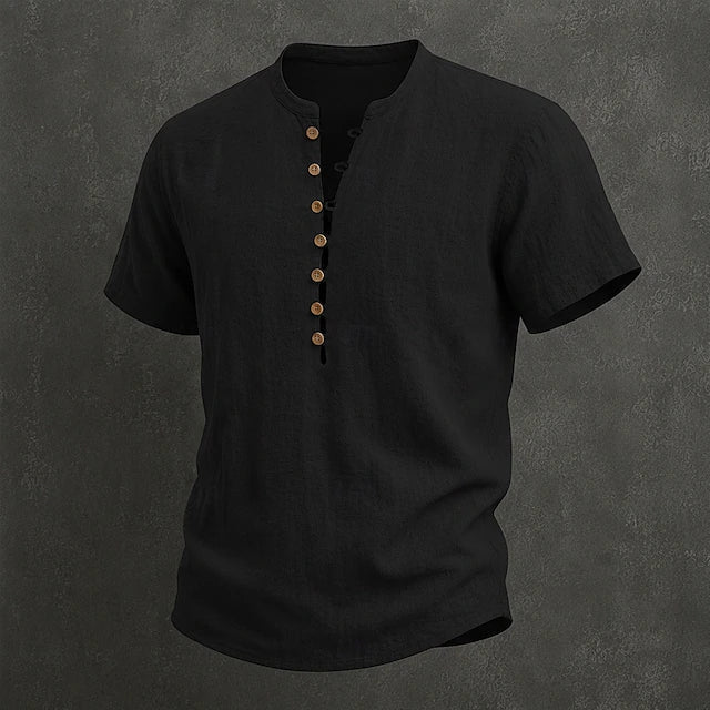 Men's Henley Shirt Linen Casual Short Sleeve Breathable Tops