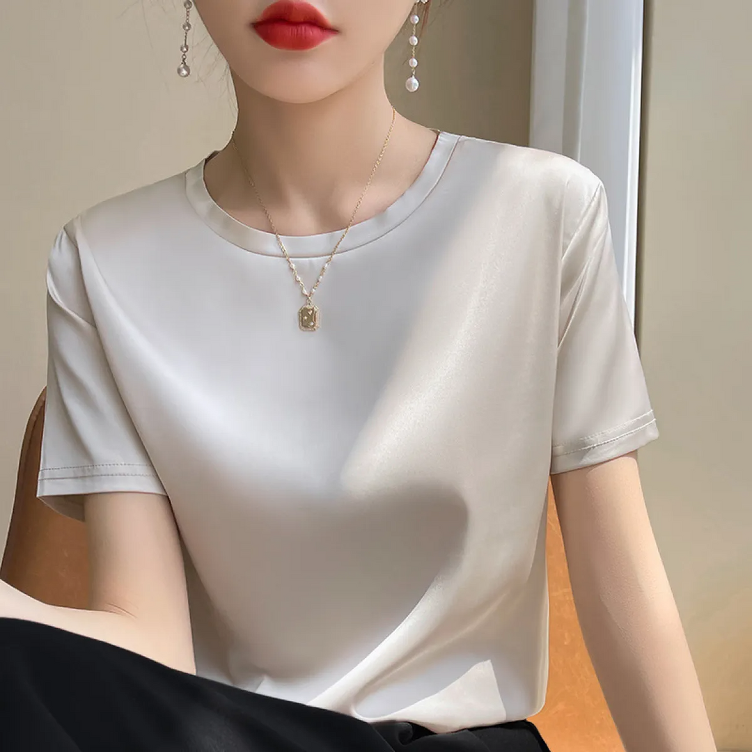 Satin Blouse Short Sleeve Cotton Blend Top Women's Summer Fashion