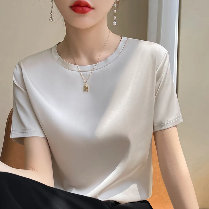 Satin Blouse Short Sleeve Cotton Blend Top Women's Summer Fashion