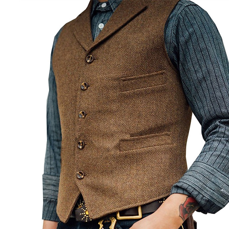 Men's Wool Tweed Waistcoat Vintage Notch Lapel Vest