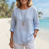 Women's Striped Linen Roll-Up Sleeve Round Neck Blouse