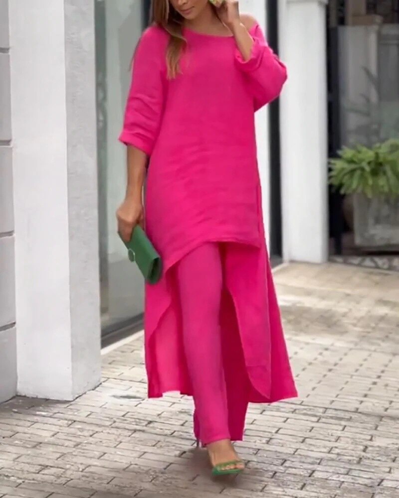 Women's Two Piece Set Summer Fashion Breathable Cotton Linen Tunic and Wide Leg Pants