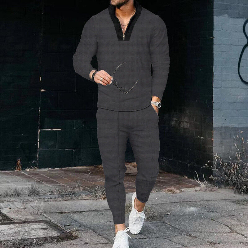 Men’s Knit Long-Sleeve Polo & Trousers Two-Piece Set