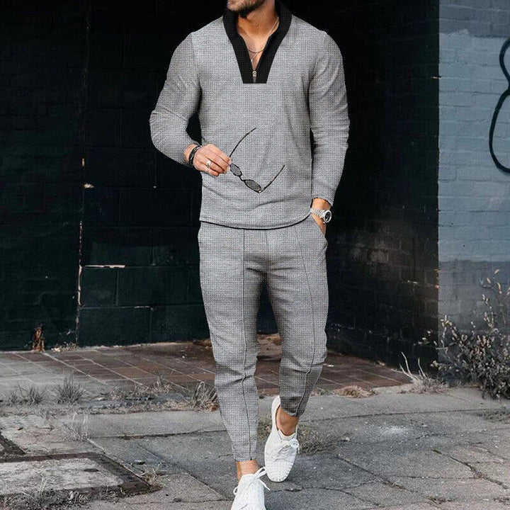 Men’s Knit Long-Sleeve Polo & Trousers Two-Piece Set