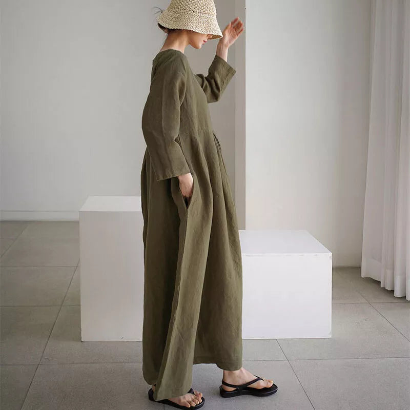 Women's Linen Maxi Dress Loose Fit Long Sleeve Kaftan Dress