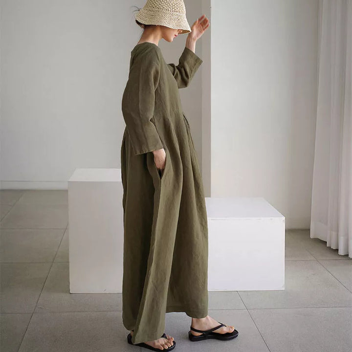 Women's Linen Maxi Dress Loose Fit Long Sleeve Kaftan Dress