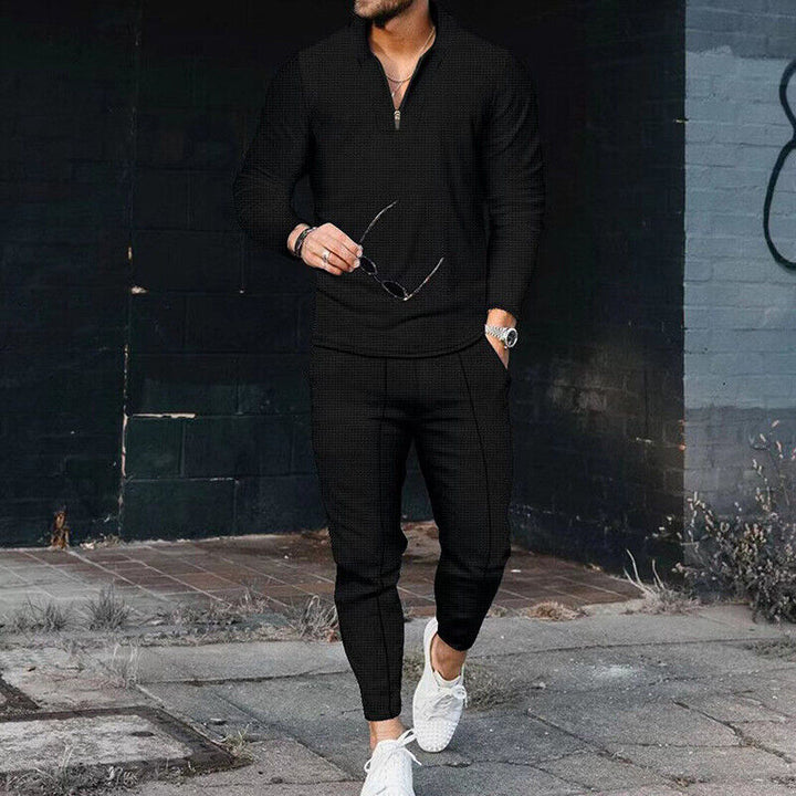 Men’s Knit Long-Sleeve Polo & Trousers Two-Piece Set
