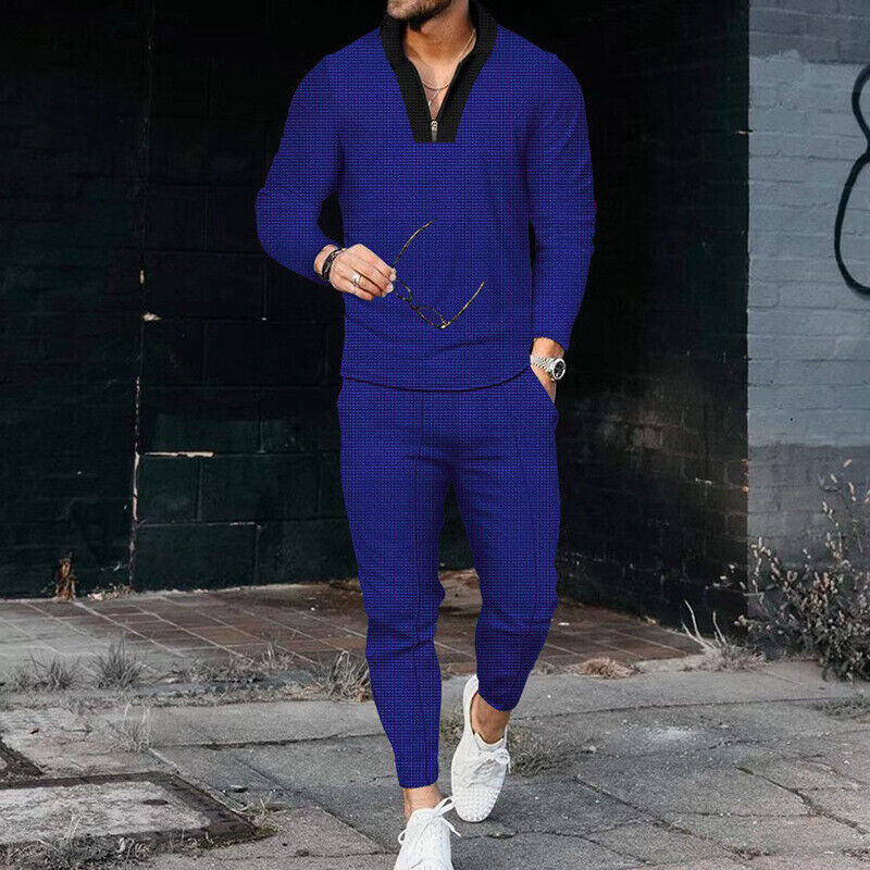 Men’s Knit Long-Sleeve Polo & Trousers Two-Piece Set