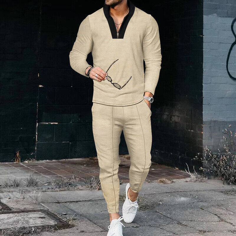 Men’s Knit Long-Sleeve Polo & Trousers Two-Piece Set