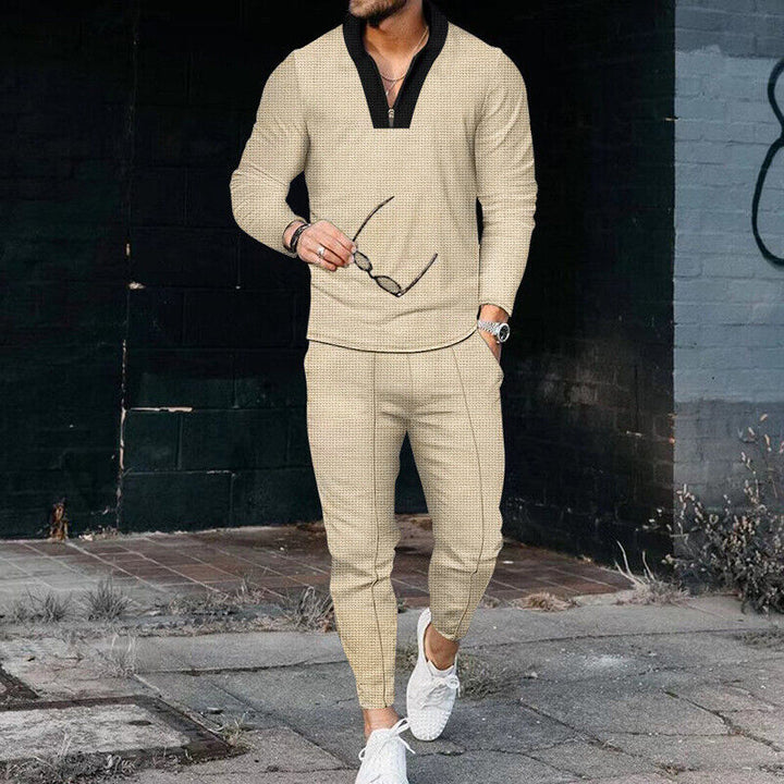 Men’s Knit Long-Sleeve Polo & Trousers Two-Piece Set