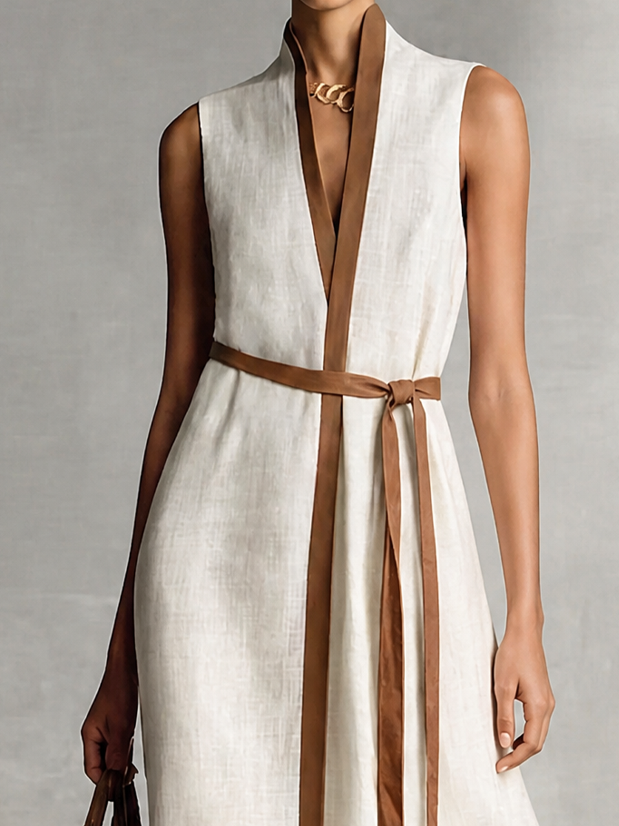Women's Linen Sleeveless Plunge V-Neck Belted Maxi Dress
