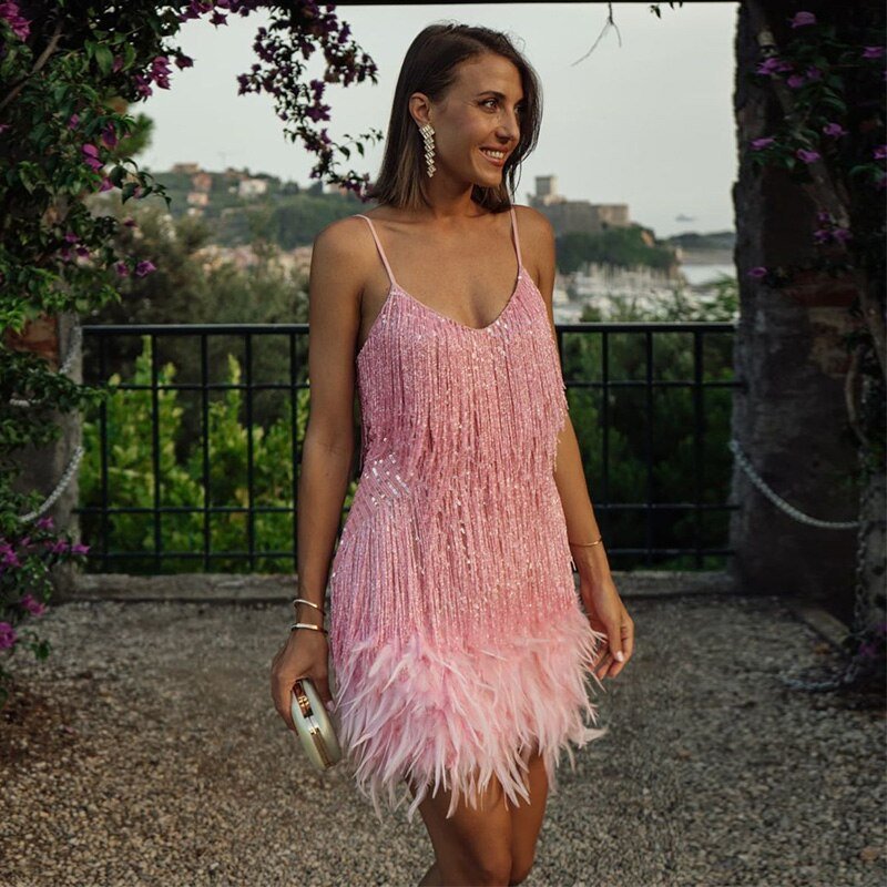 Women's Satin Fringe Flapper Party Mini Dress