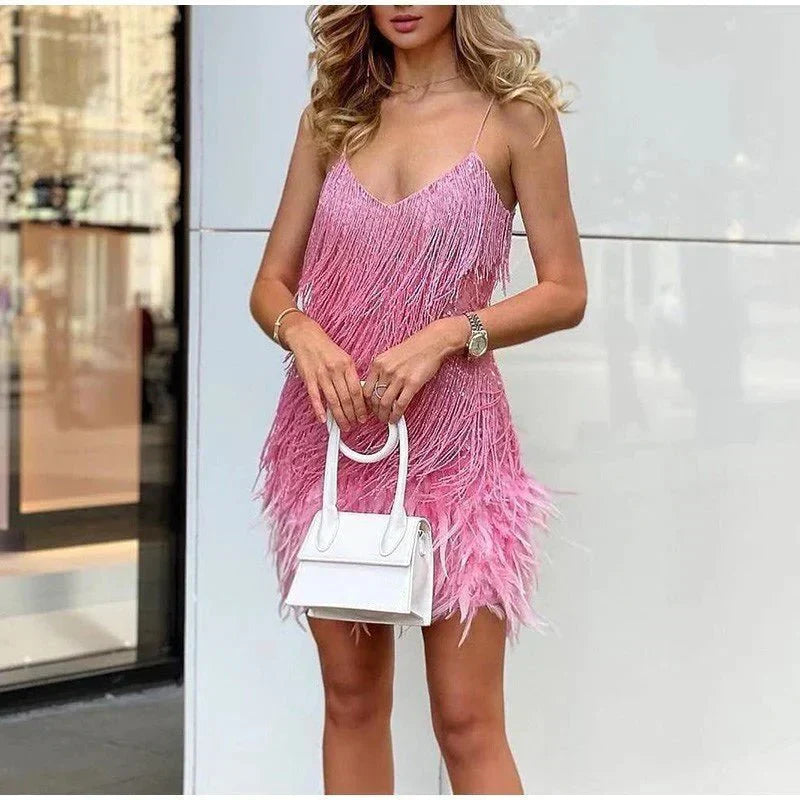 Women's Satin Fringe Flapper Party Mini Dress