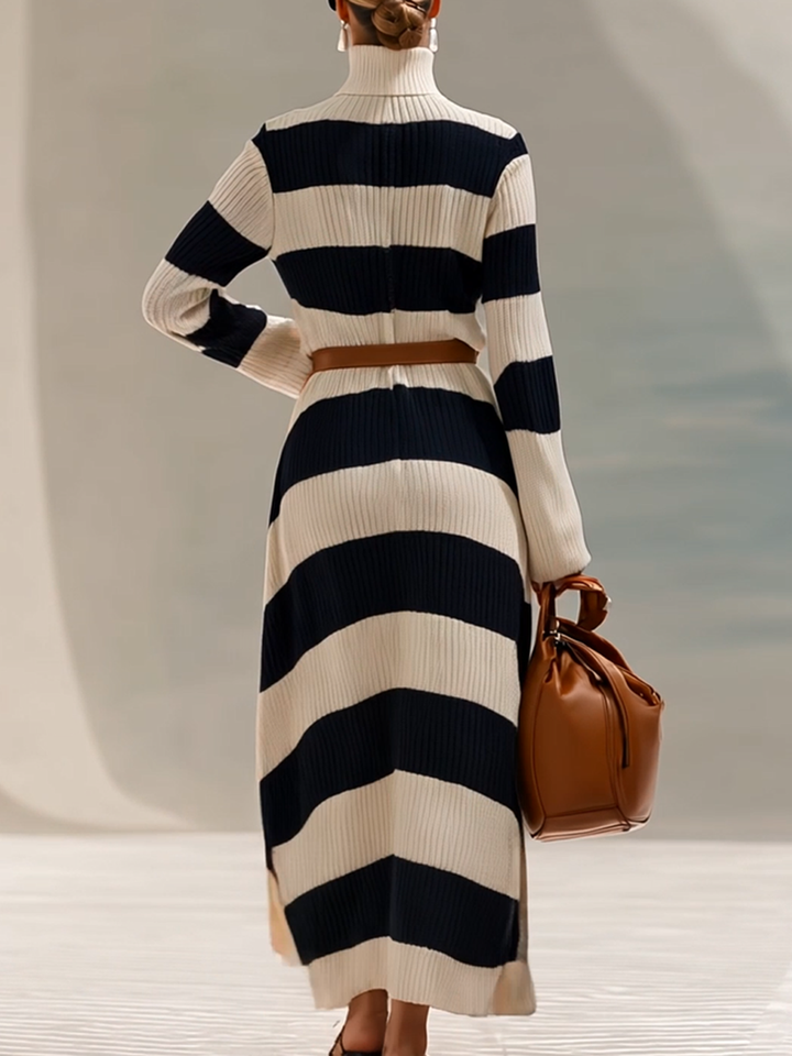 Women’s Striped High-Neck Belted Knit Maxi Dress