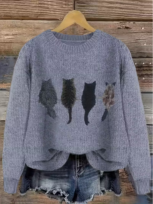 Women Long Sleeve Knit Cat Graphic Pullover Sweater