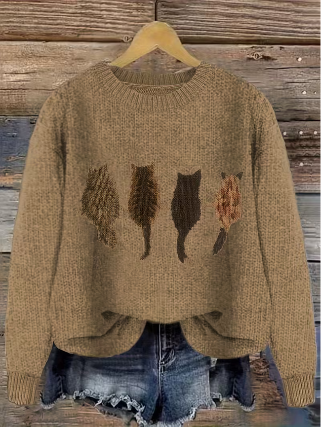 Women Long Sleeve Knit Cat Graphic Pullover Sweater