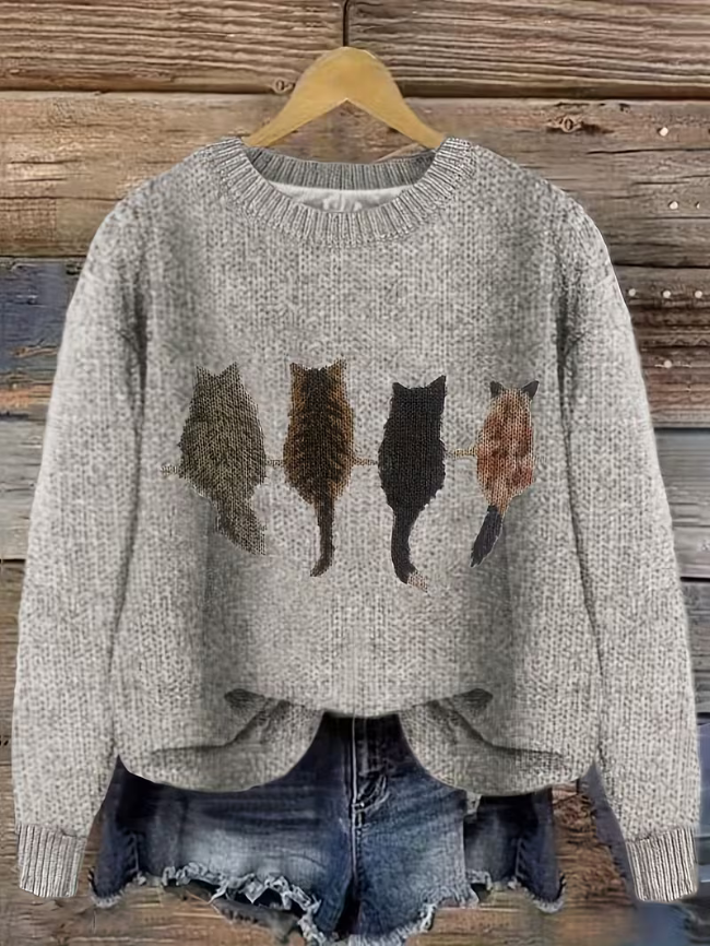 Women Long Sleeve Knit Cat Graphic Pullover Sweater