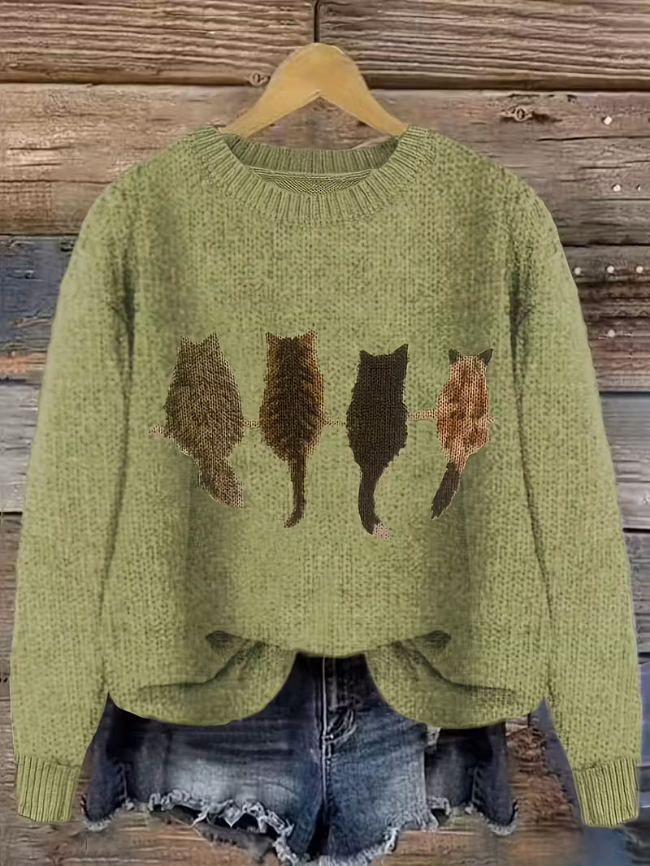Women Long Sleeve Knit Cat Graphic Pullover Sweater