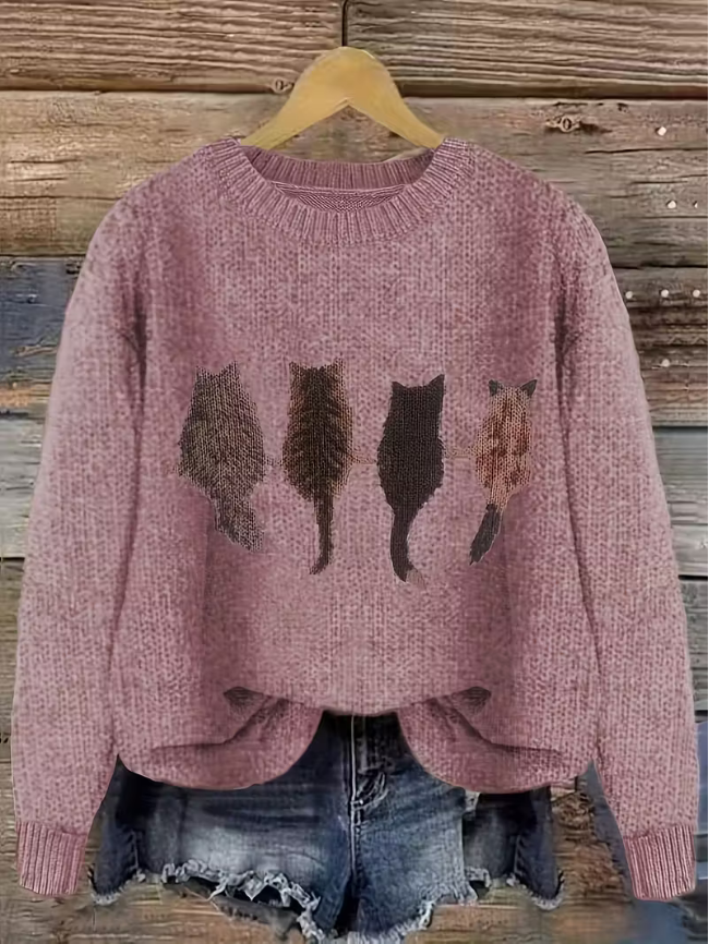 Women Long Sleeve Knit Cat Graphic Pullover Sweater