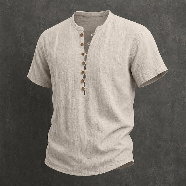Men's Henley Shirt Linen Casual Short Sleeve Breathable Tops