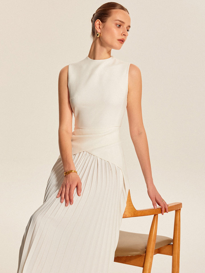 Women's Pleated Satin Sleeveless Party Midi Dress
