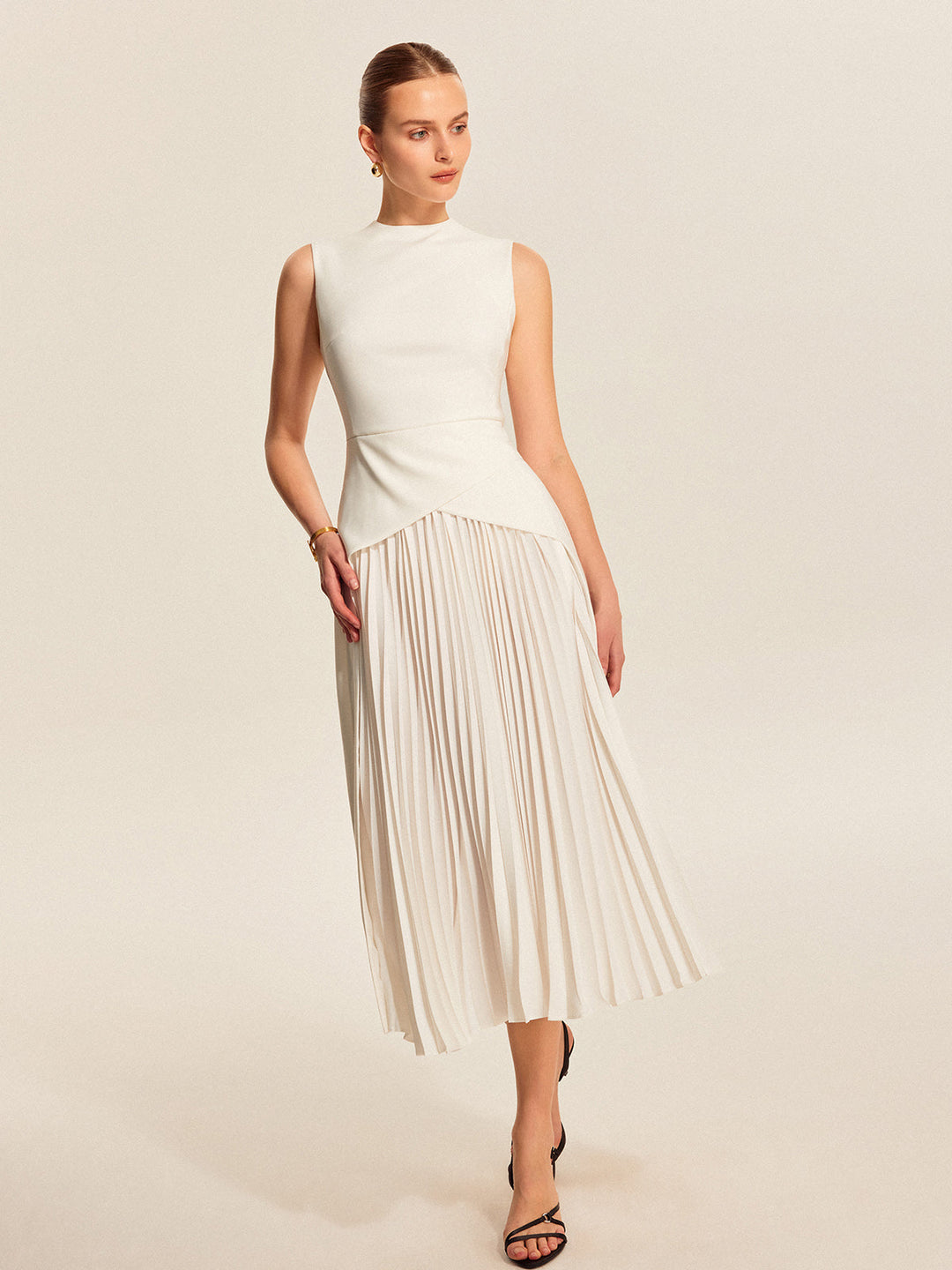Women's Pleated Satin Sleeveless Party Midi Dress
