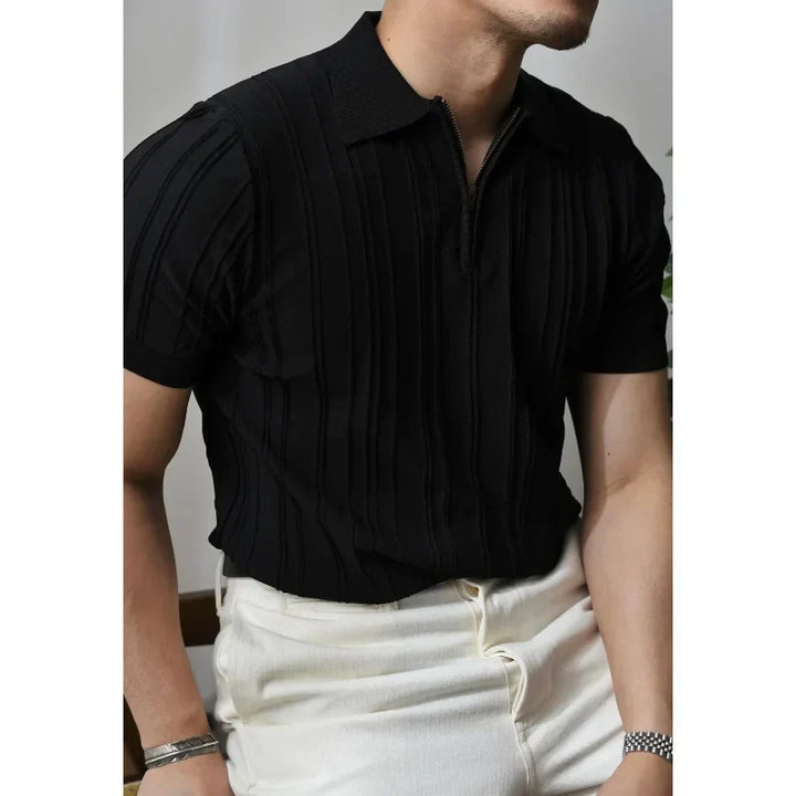 Men's Slim Fit Knit Zip Neck Polo Shirt