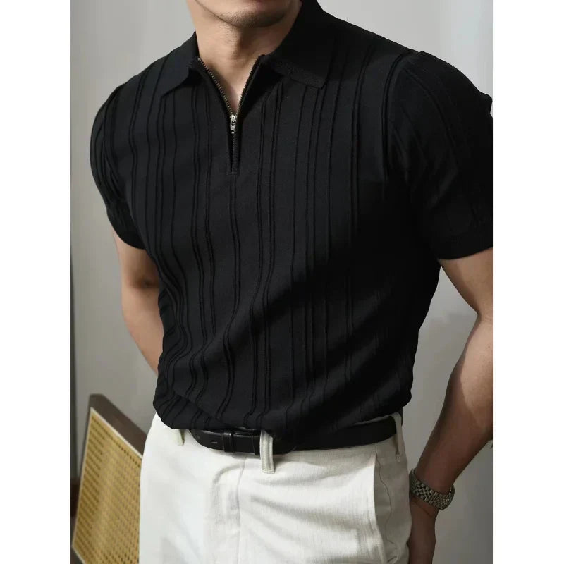 Men's Slim Fit Knit Zip Neck Polo Shirt