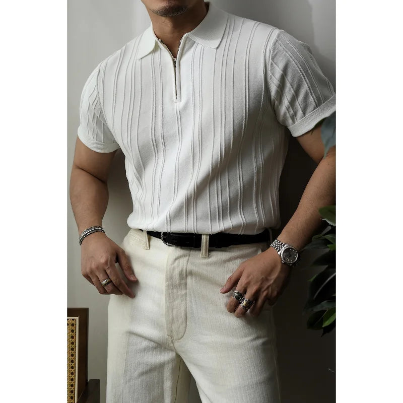 Men's Slim Fit Knit Zip Neck Polo Shirt