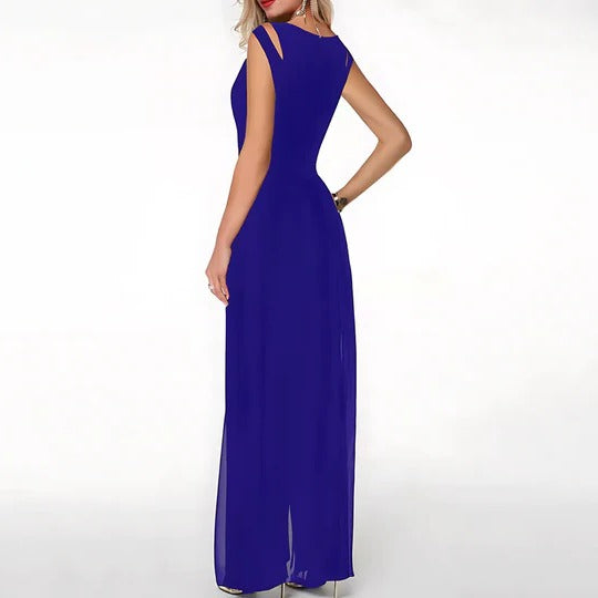 Γυναικεία βραδινή ολόσωμη φόρμα με επικάλυψη από σιφόν και φαρδιά μπατζάκια