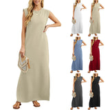 Robe longue décontractée sans manches pour femme, en mélange de lin côtelé, à col rond