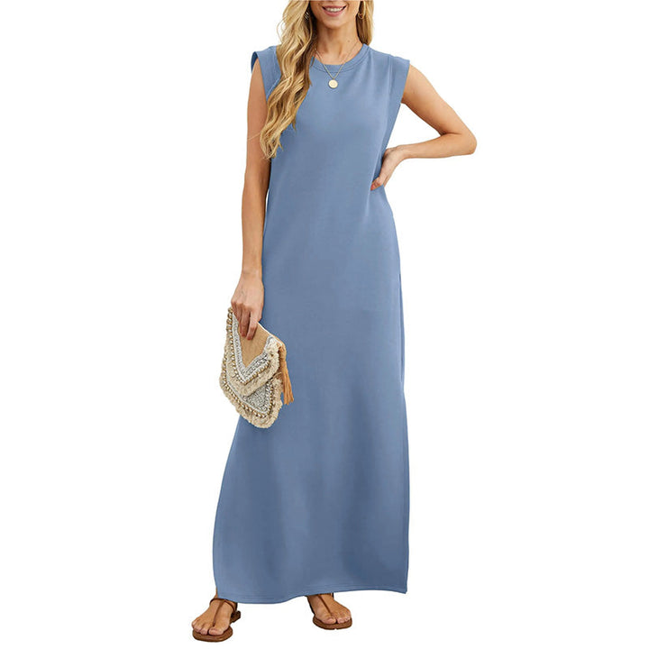 Robe longue décontractée sans manches pour femme, en mélange de lin côtelé, à col rond