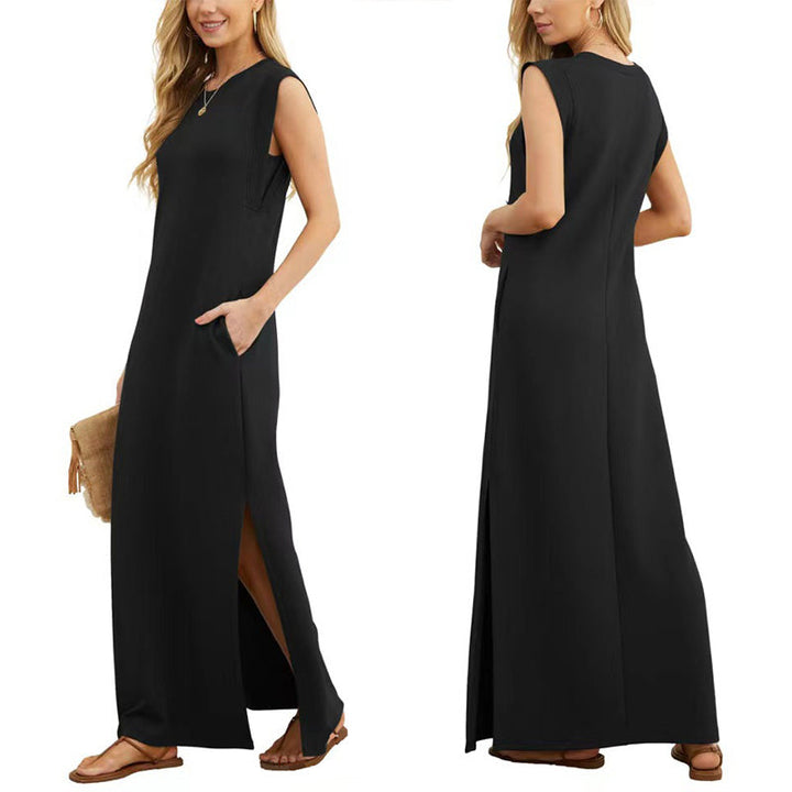 Robe longue décontractée sans manches pour femme, en mélange de lin côtelé, à col rond