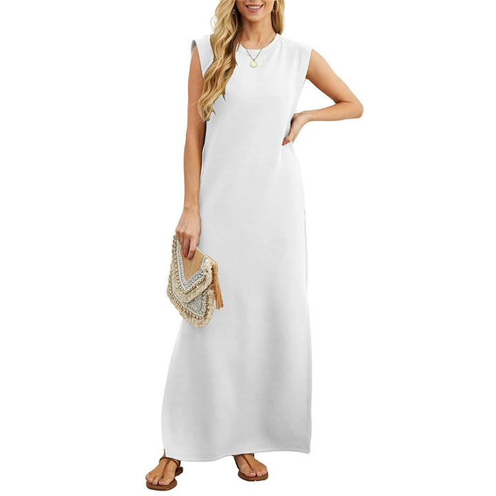 Robe longue décontractée sans manches pour femme, en mélange de lin côtelé, à col rond