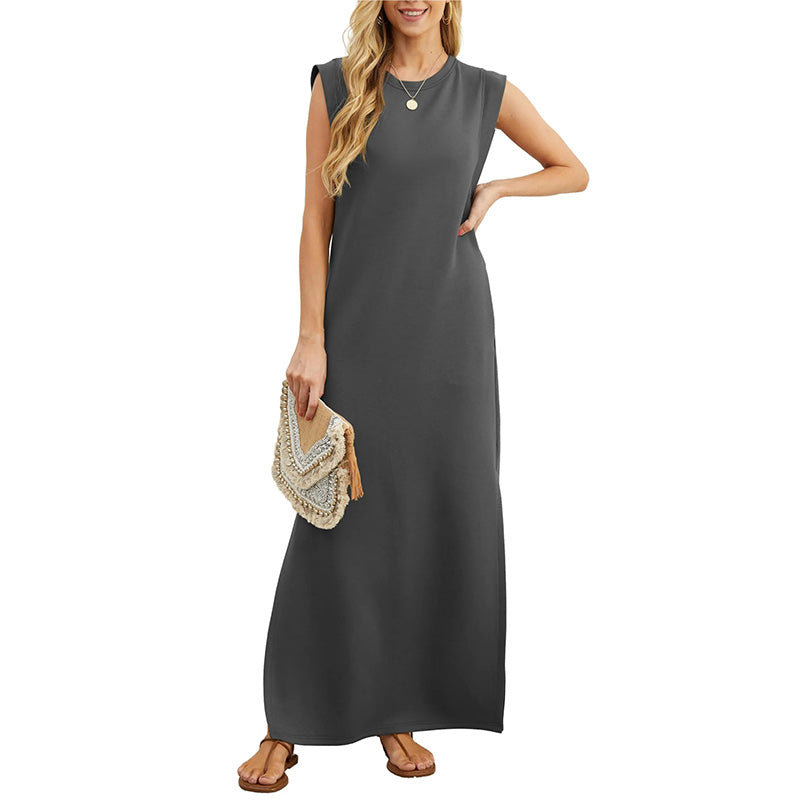 Robe longue décontractée sans manches pour femme, en mélange de lin côtelé, à col rond