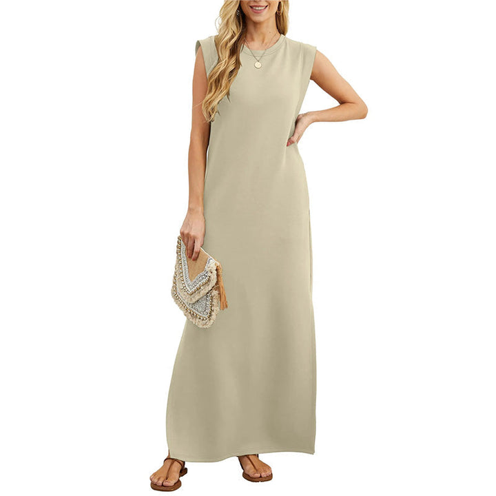Robe longue décontractée sans manches pour femme, en mélange de lin côtelé, à col rond